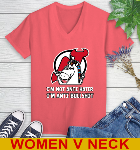 New Jersey Devils NHL Hockey Unicorn I'm Not Anti Hater I'm Anti Bullshit Women's V-Neck T-Shirt 8 New Jersey Devils NHL Hockey Unicorn I'm Not Anti Hater I'm Anti Bullshit Women's V-Neck T-Shirt - Image 8