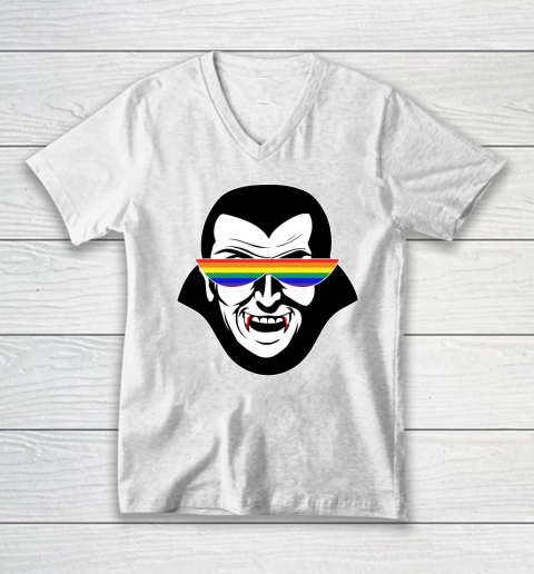 Gay Dracula Rainbow Sunglasses Vampire LGBT V-Neck T-Shirt