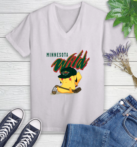 NHL Pikachu Hockey Sports Minnesota Wild Women's V-Neck T-Shirt