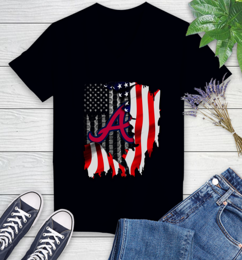 Atlanta Braves MLB Baseball American Flag Women's V-Neck T-Shirt