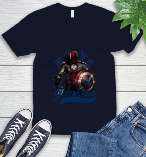 MLB Captain America Thor Spider Man Hawkeye Avengers Endgame Baseball New York Yankees V-Neck T-Shirt 3