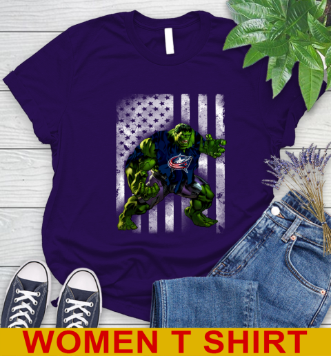 Columbus Blue Jackets Hulk Marvel Avengers NHL Hockey American Flag Women's T-Shirt 4