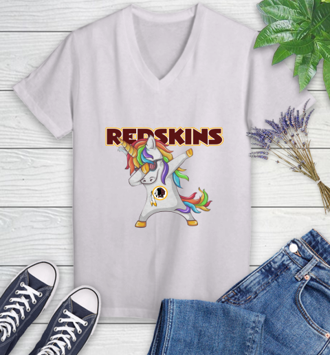 Washington Redskins NFL Football Funny Unicorn Dabbing Sports Women's V-Neck T-Shirt