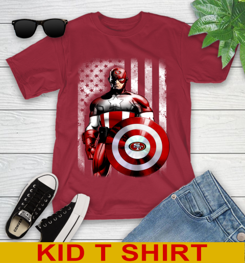 San Francisco 49ers NFL Football Captain America Marvel Avengers American Flag Shirt Youth T-Shirt - Image 13