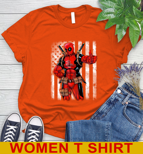 NBA Basketball Houston Rockets Deadpool American Flag Shirt Women's T-Shirt - Image 4