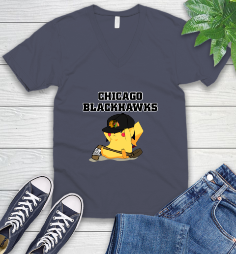 NHL Pikachu Hockey Sports Chicago Blackhawks V-Neck T-Shirt 8