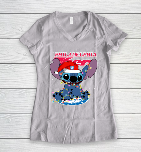 Philadelphia 76ers NBA noel stitch Basketball Christmas Women's V-Neck T-Shirt