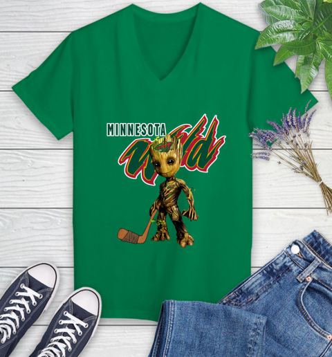 Minnesota Wild NHL Hockey Groot Marvel Guardians Of The Galaxy Women's V-Neck T-Shirt 5