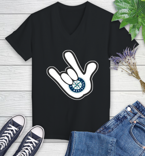Seattle Mariners MLB Baseball Mickey Rock Hand Disney Women's V-Neck T-Shirt 2