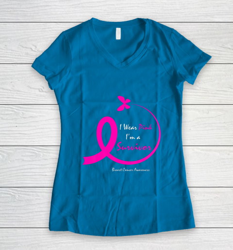 Womens Butterfly I Wear Pink I m A Survivor Breast Cancer Awareness Women's V-Neck T-Shirt 5