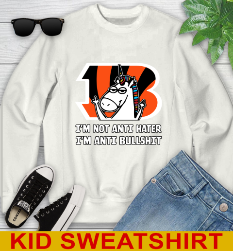 Cincinnati Bengals NFL Football Unicorn I'm Not Anti Hater I'm Anti Bullshit Youth Sweatshirt
