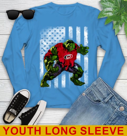 Carolina Hurricanes Hulk Marvel Avengers NHL Hockey American Flag Youth Long Sleeve 8