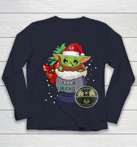 Milwaukee Bucks Christmas Baby Yoda Star Wars Funny Happy NBA Youth Long Sleeve 3