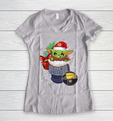 Indiana Pacers Christmas Baby Yoda Star Wars Funny Happy NBA Women's V-Neck T-Shirt 2