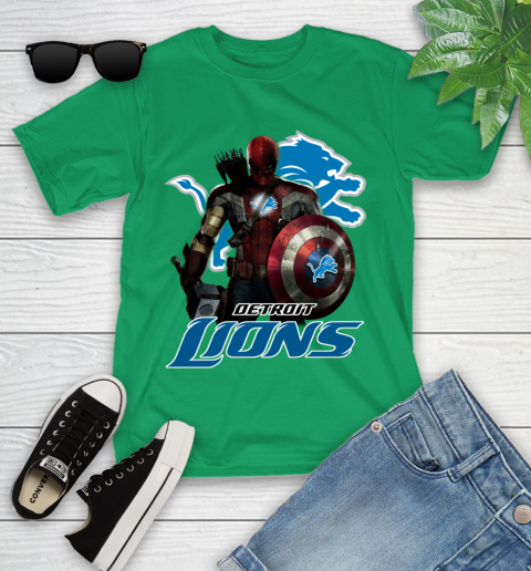 NFL Captain America Thor Spider Man Hawkeye Avengers Endgame Football Detroit Lions Youth T-Shirt 6