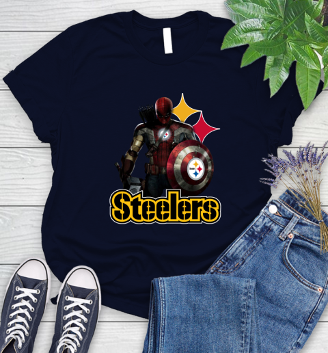 NFL Captain America Thor Spider Man Hawkeye Avengers Endgame Football Pittsburgh Steelers Women's T-Shirt 3