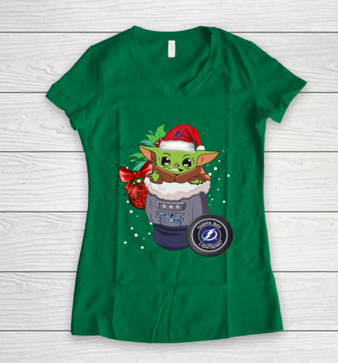 Tampa Bay Lightning Christmas Baby Yoda Star Wars Funny Happy NHL Women's V-Neck T-Shirt 5