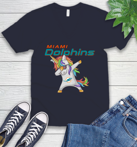 Miami Dolphins NFL Football Funny Unicorn Dabbing Sports V-Neck T-Shirt 3