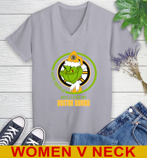 Boston Bruins NHL Christmas Grinch I Hate People But I Love My Favorite Hockey Team Women's V-Neck T-Shirt 5