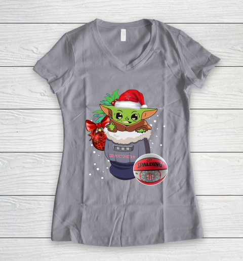 Houston Rockets Christmas Baby Yoda Star Wars Funny Happy NBA Women's V-Neck T-Shirt 4