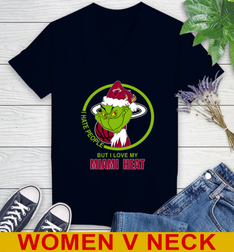 Miami Heat NBA Christmas Grinch I Hate People But I Love My Favorite Basketball Team Women's V-Neck T-Shirt 3