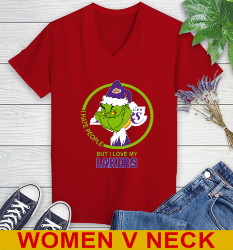 Los Angeles Lakers NBA Christmas Grinch I Hate People But I Love My Favorite Basketball Team Women's V-Neck T-Shirt 12