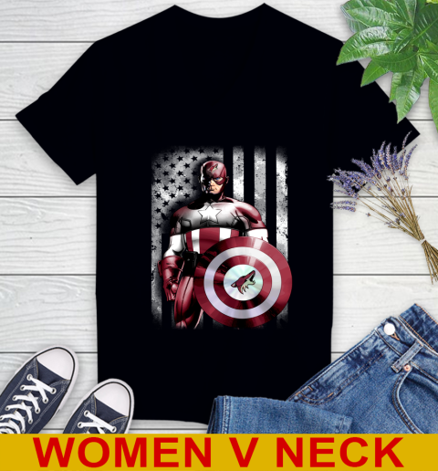 Arizona Coyotes NHL Hockey Captain America Marvel Avengers American Flag Shirt Women's V-Neck T-Shirt