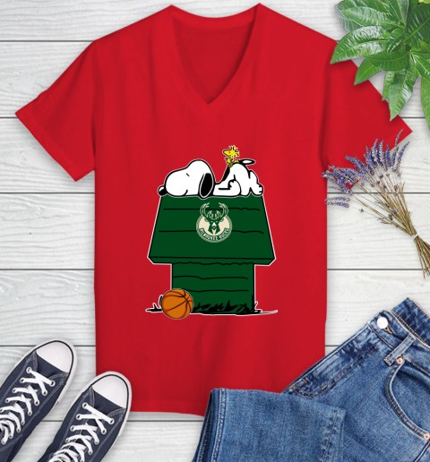 Milwaukee Bucks NBA Basketball Snoopy Woodstock The Peanuts Movie Women's V-Neck T-Shirt 12