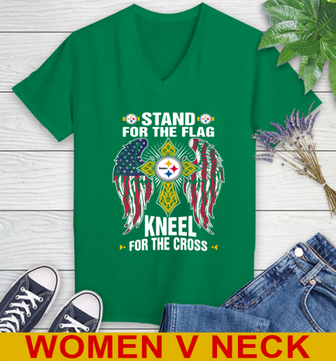 NFL Football Pittsburgh Steelers Stand For Flag Kneel For The Cross Shirt Women's V-Neck T-Shirt 5