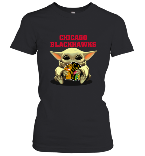 Baby Yoda Hugs The Chicago Blackhawks Ice Hockey Women's T-Shirt