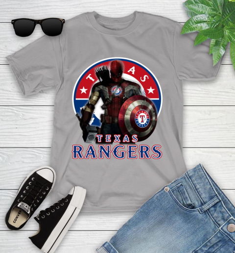MLB Captain America Thor Spider Man Hawkeye Avengers Endgame Baseball Texas Rangers Youth T-Shirt 4