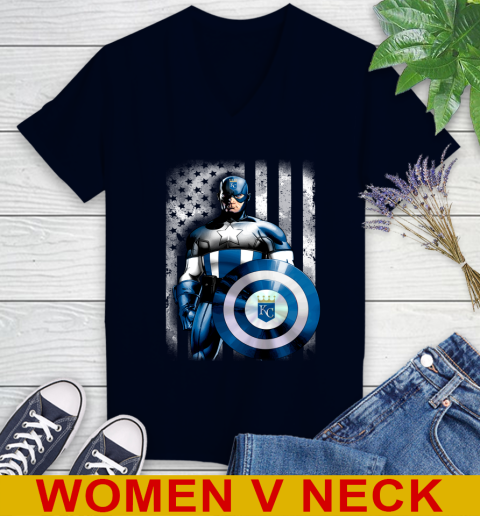 Kansas City Royals MLB Baseball Captain America Marvel Avengers American Flag Shirt Women's V-Neck T-Shirt 2