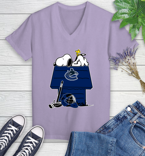 Vancouver Canucks NHL Hockey Snoopy Woodstock The Peanuts Movie Women's V-Neck T-Shirt 14