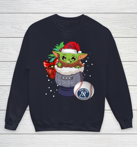 New York Yankees Christmas Baby Yoda Star Wars Funny Happy MLB Youth Sweatshirt 3