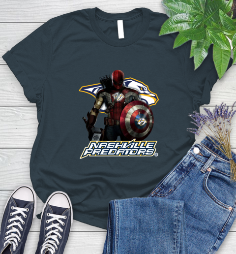 NHL Captain America Thor Spider Man Hawkeye Avengers Endgame Hockey Nashville Predators Women's T-Shirt 8