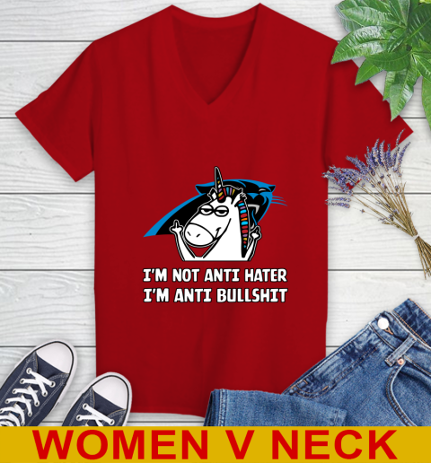 Carolina Panthers NFL Football Unicorn I'm Not Anti Hater I'm Anti Bullshit Women's V-Neck T-Shirt 12