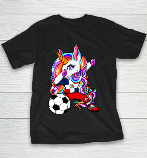Dabbing Unicorn Dominican Republic Soccer Fans Flag Football Youth T-Shirt