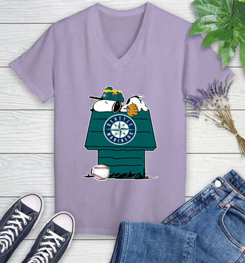 MLB Seattle Mariners Snoopy Woodstock The Peanuts Movie Baseball T Shirt Women's V-Neck T-Shirt 14