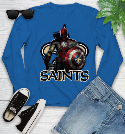 NFL Captain America Thor Spider Man Hawkeye Avengers Endgame Football New Orleans Saints Youth Long Sleeve 9