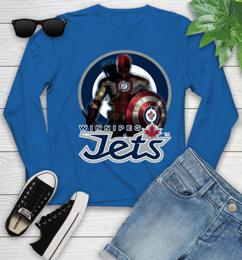 NHL Captain America Thor Spider Man Hawkeye Avengers Endgame Hockey Winnipeg Jets Youth Long Sleeve 9