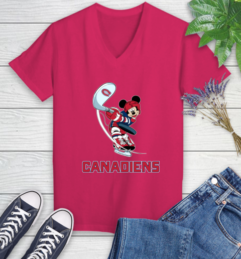 NHL Hockey Montreal Canadiens Cheerful Mickey Mouse Shirt Women's V-Neck T-Shirt - Image 9