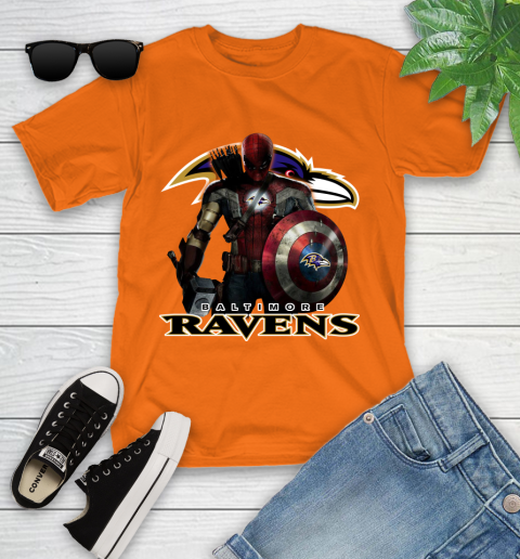 NFL Captain America Thor Spider Man Hawkeye Avengers Endgame Football Baltimore Ravens Youth T-Shirt 7