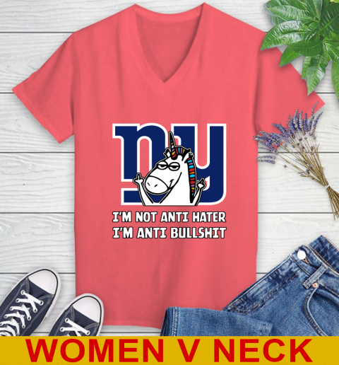 New York Giants NFL Football Unicorn I'm Not Anti Hater I'm Anti Bullshit Women's V-Neck T-Shirt 7