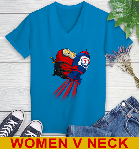 MLB Baseball Texas Rangers Deadpool Minion Marvel Shirt Women's V-Neck T-Shirt 7