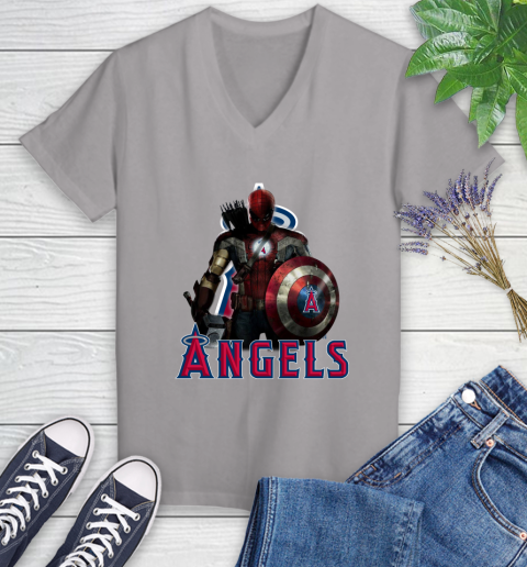 MLB Captain America Thor Spider Man Hawkeye Avengers Endgame Baseball Los Angeles Angels Women's V-Neck T-Shirt 4
