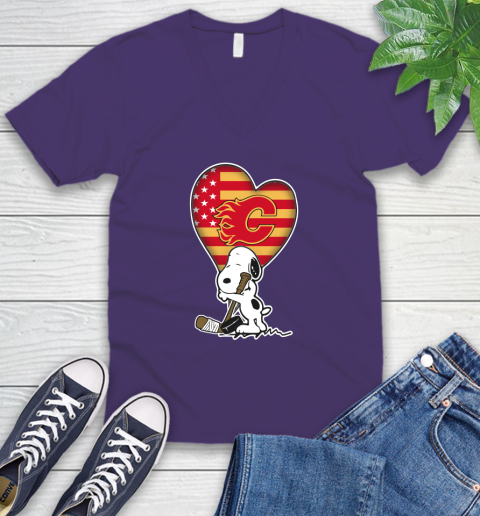 Calgary Flames NHL Hockey The Peanuts Movie Adorable Snoopy V-Neck T-Shirt 10