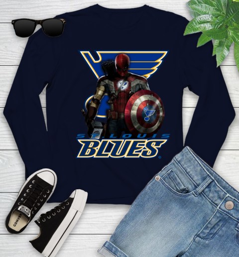 NHL Captain America Thor Spider Man Hawkeye Avengers Endgame Hockey St.Louis Blues Youth Long Sleeve 3