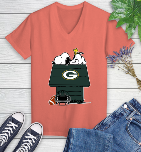 Green Bay Packers NFL Football Snoopy Woodstock The Peanuts Movie Women's V-Neck T-Shirt 6