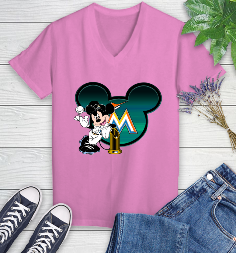 MLB Miami Marlins The Commissioner's Trophy Mickey Mouse Disney Women's V-Neck T-Shirt 14