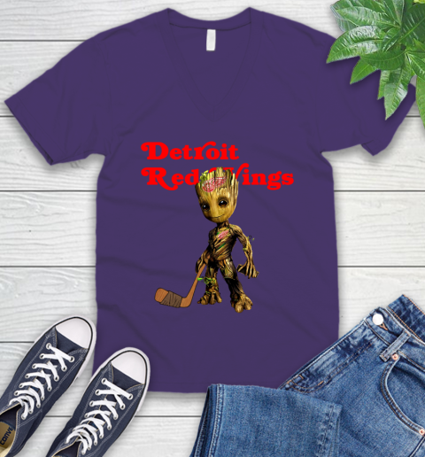Detroit Red Wings NHL Hockey Groot Marvel Guardians Of The Galaxy V-Neck T-Shirt 10